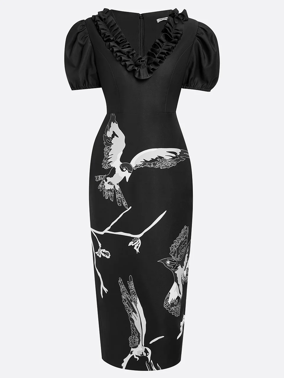 Black Folds V Neck Puff Sleeve Midi Sheath Dress 