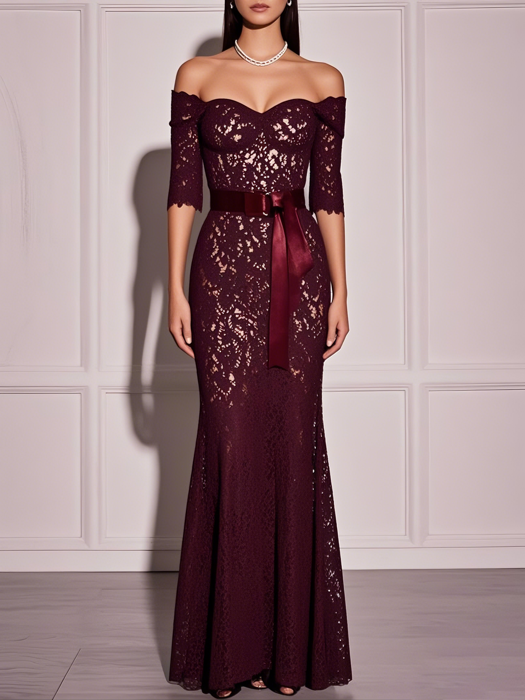 Wine Red Lace Off The Shoulder Half Sleeve Sheath Maxi Dress