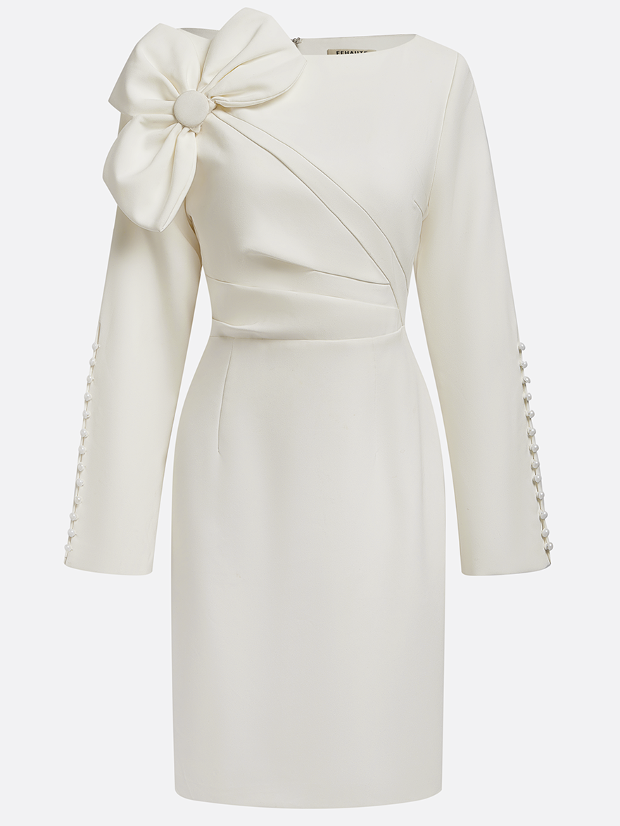 White Bow Long Sleeve Sheath Midi Dress