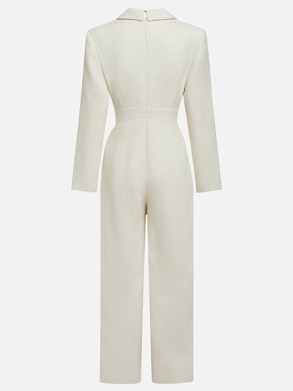 White Tweed Buckle Pocket Stitching Lapel Collar Wide-Leg Jumpsuit