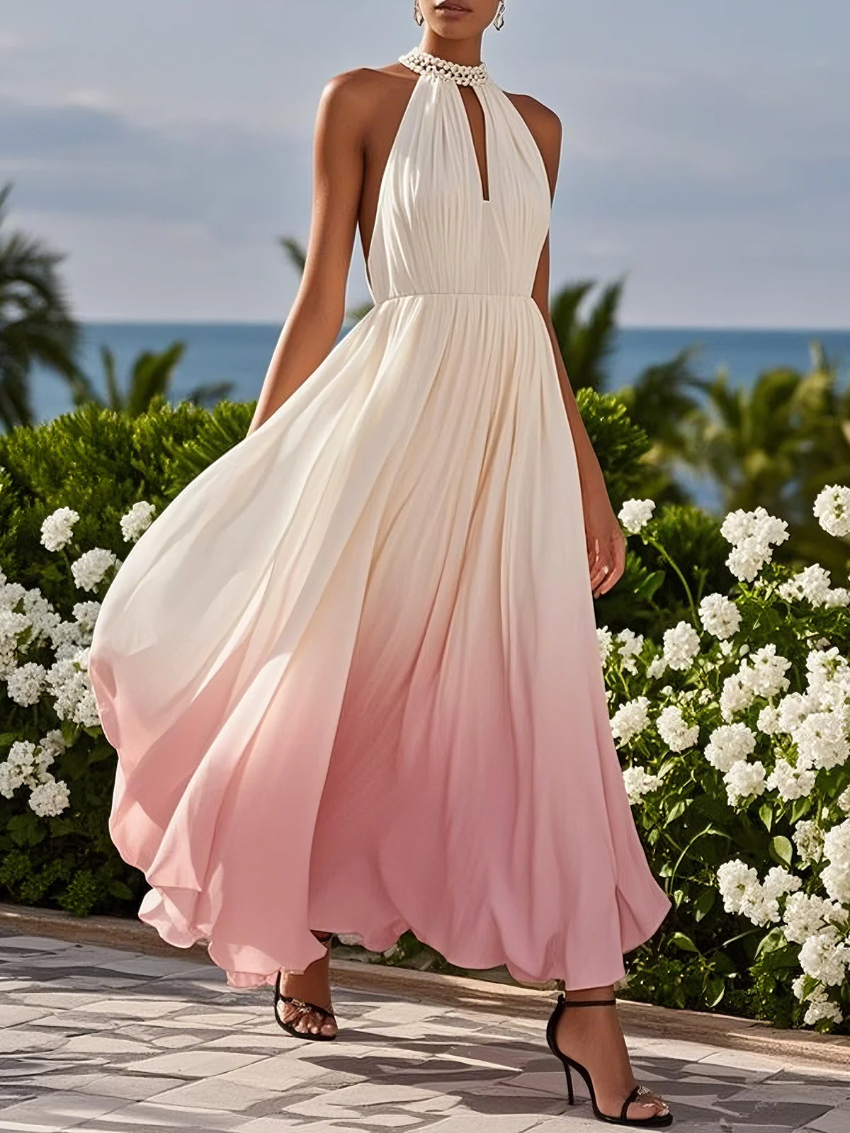 Pink Lace Chiffon Halter Sleeveless A-Line Maxi Dress