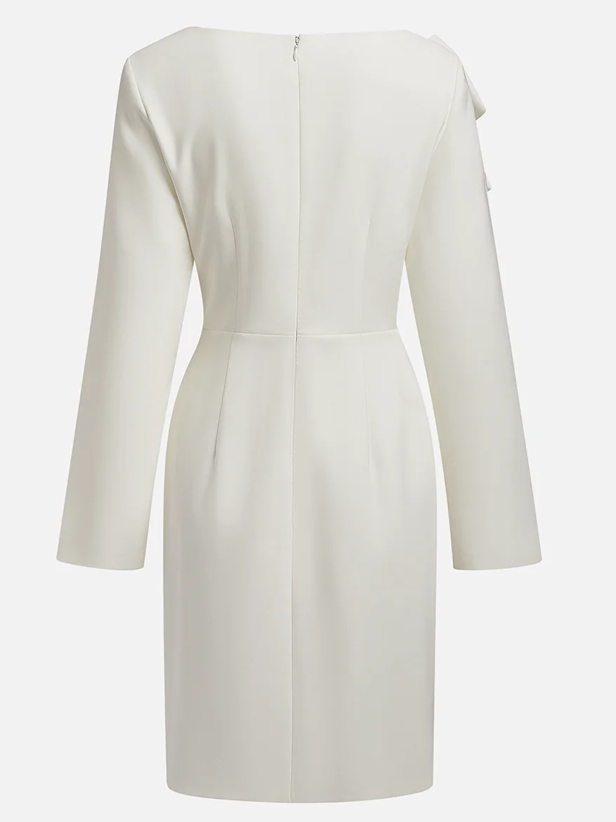 White Bow Long Sleeve Sheath Midi Dress