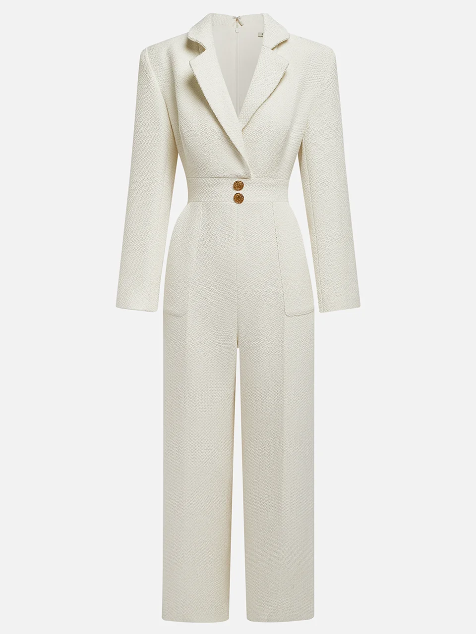 White Tweed Buckle Pocket Stitching Lapel Collar Wide-Leg Jumpsuit