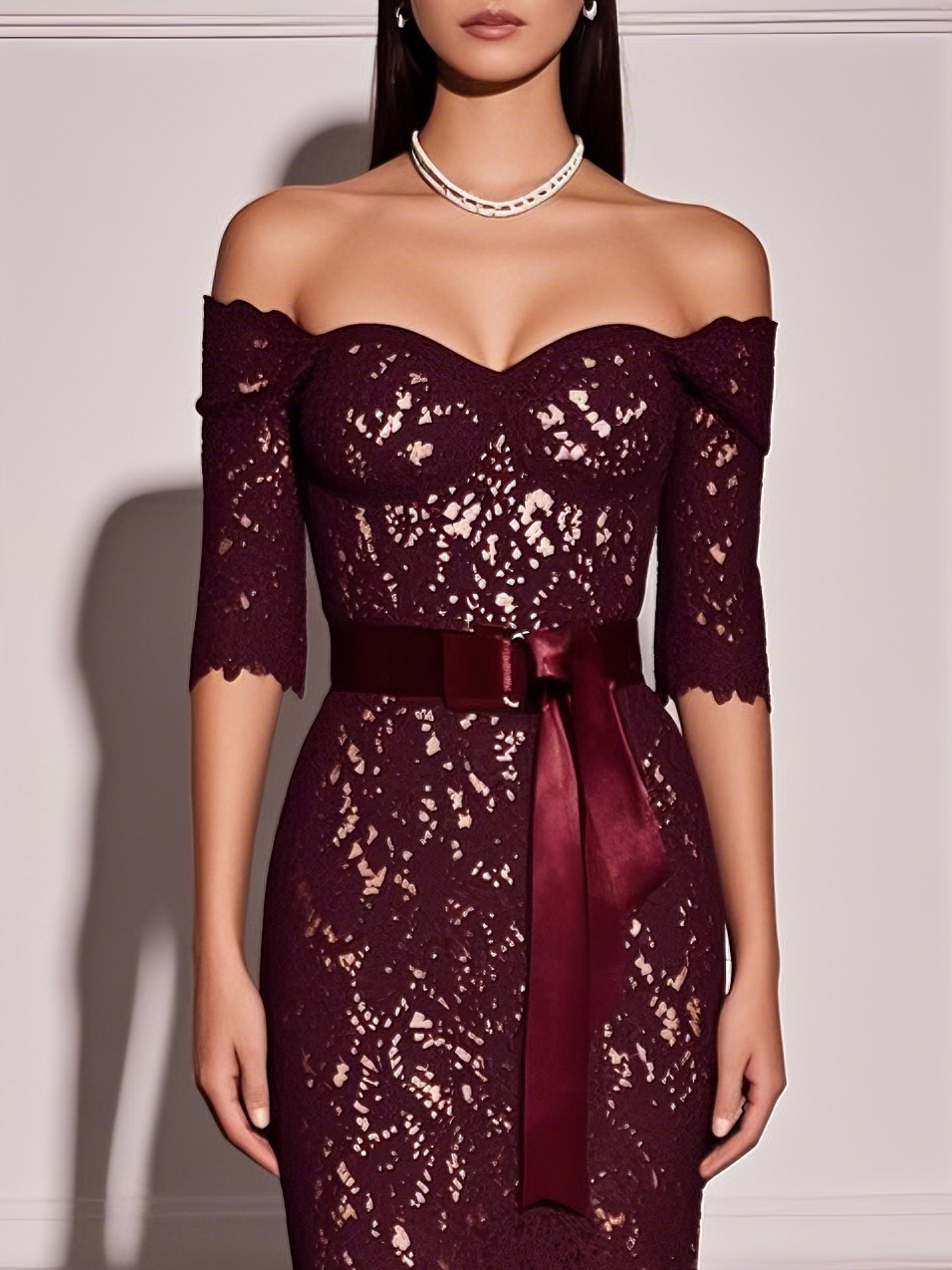 Wine Red Lace Off The Shoulder Half Sleeve Sheath Maxi Dress