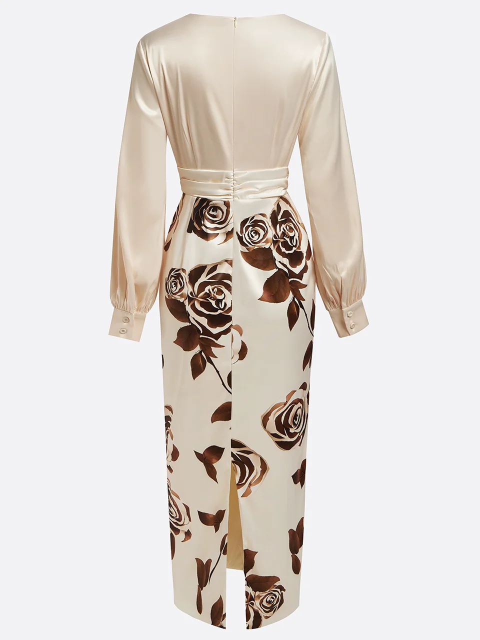 Apricot Floral V Neck Long Puff Sleeve Satin Sheath Maxi Satin Dress