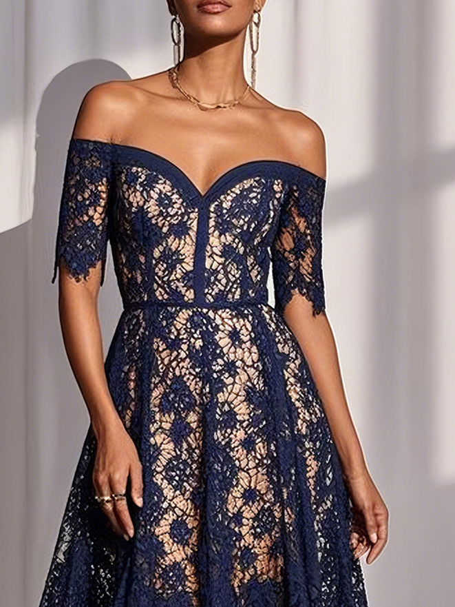 Purplish Blue Lace Off The Shoulder Short Sleeve A-Line Midi Dress