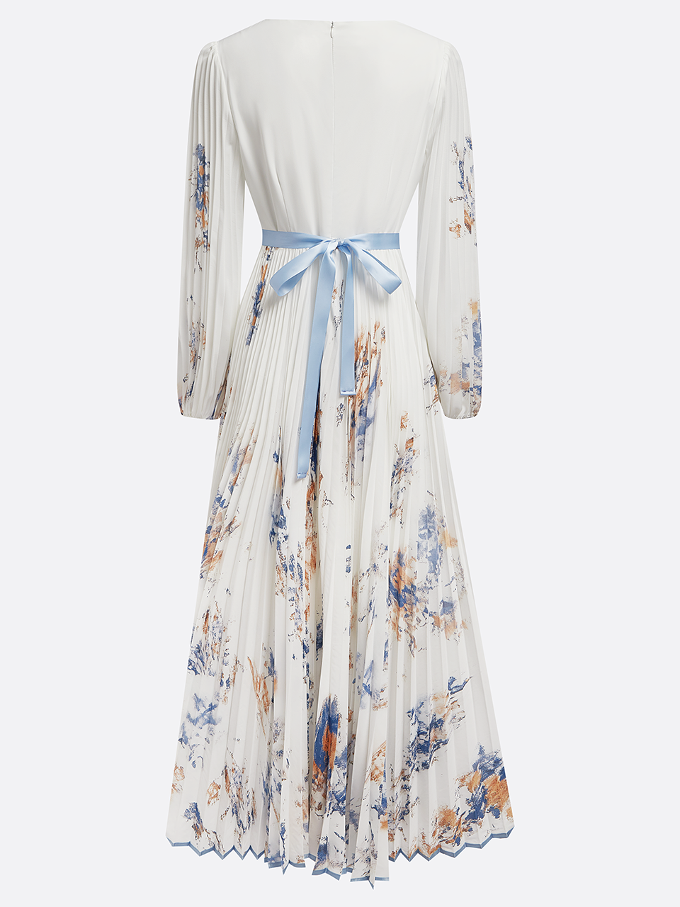 White Pleated Chiffon V Neck Floral Long Sleeve Balloon Sleeve A-Line Maxi Dress