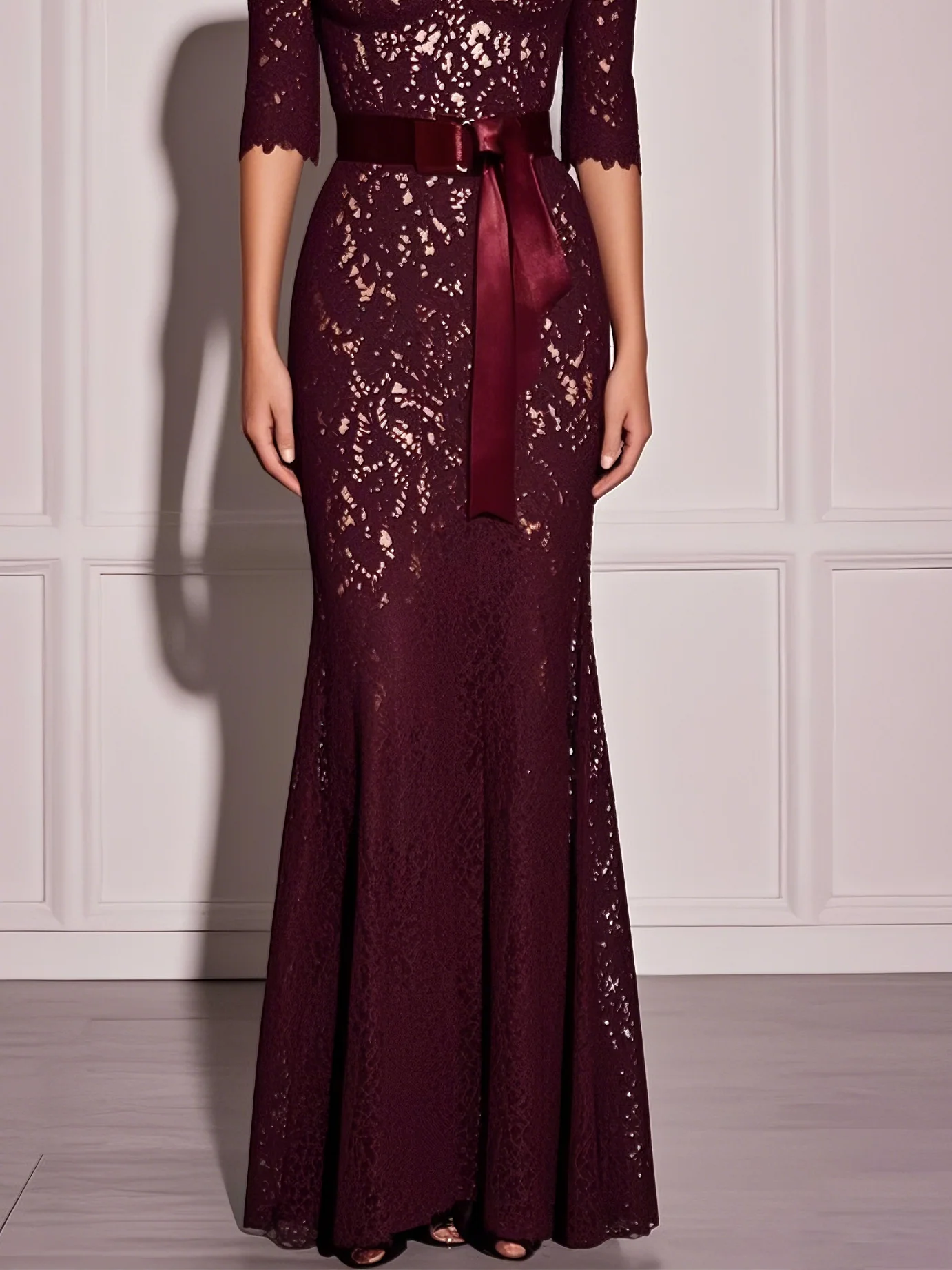 Wine Red Lace Off The Shoulder Half Sleeve Sheath Maxi Dress