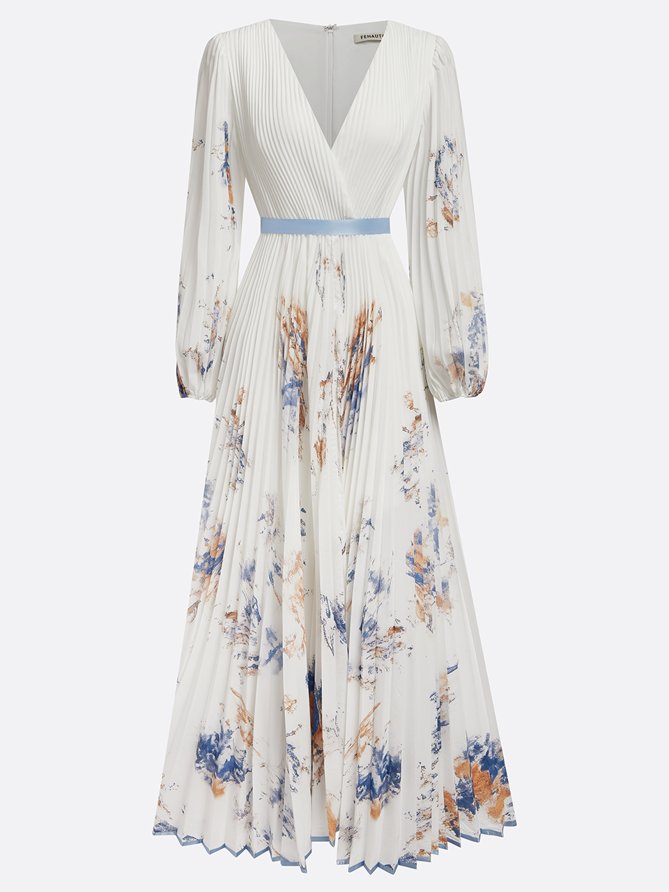 White Pleated Chiffon V Neck Floral Long Sleeve Balloon Sleeve A-Line Maxi Dress