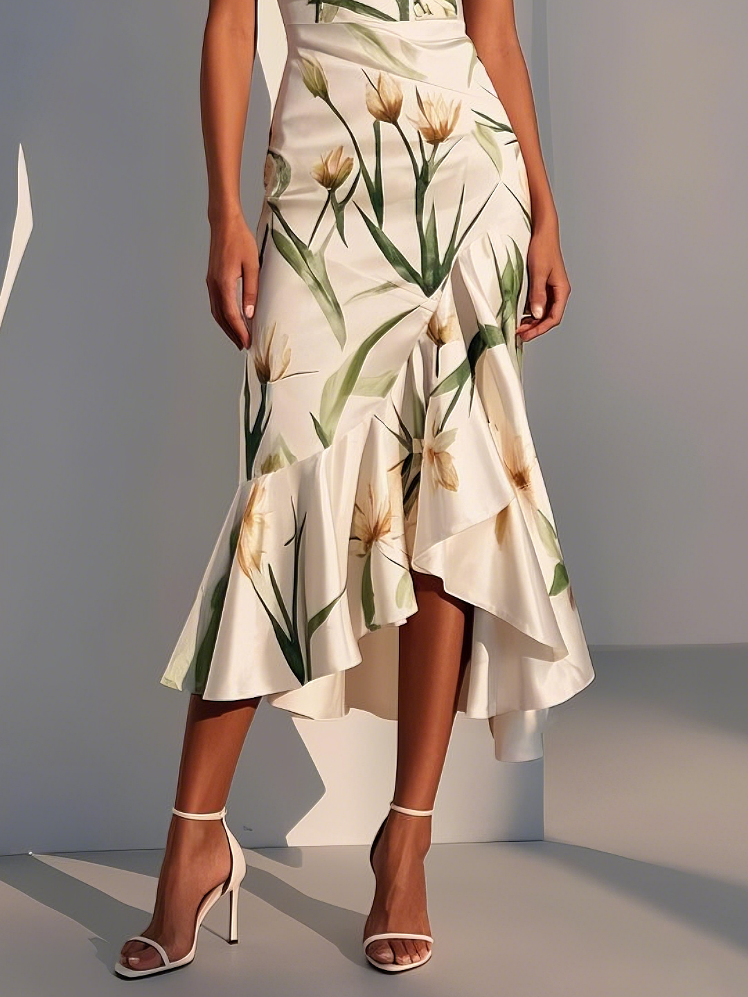 Off White V Neck Floral Mermaid Midi Satin Dress