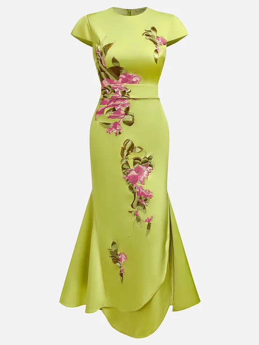 Green Floral Embroideried Cap Sleeve Slit Sheath  Maxi Dress