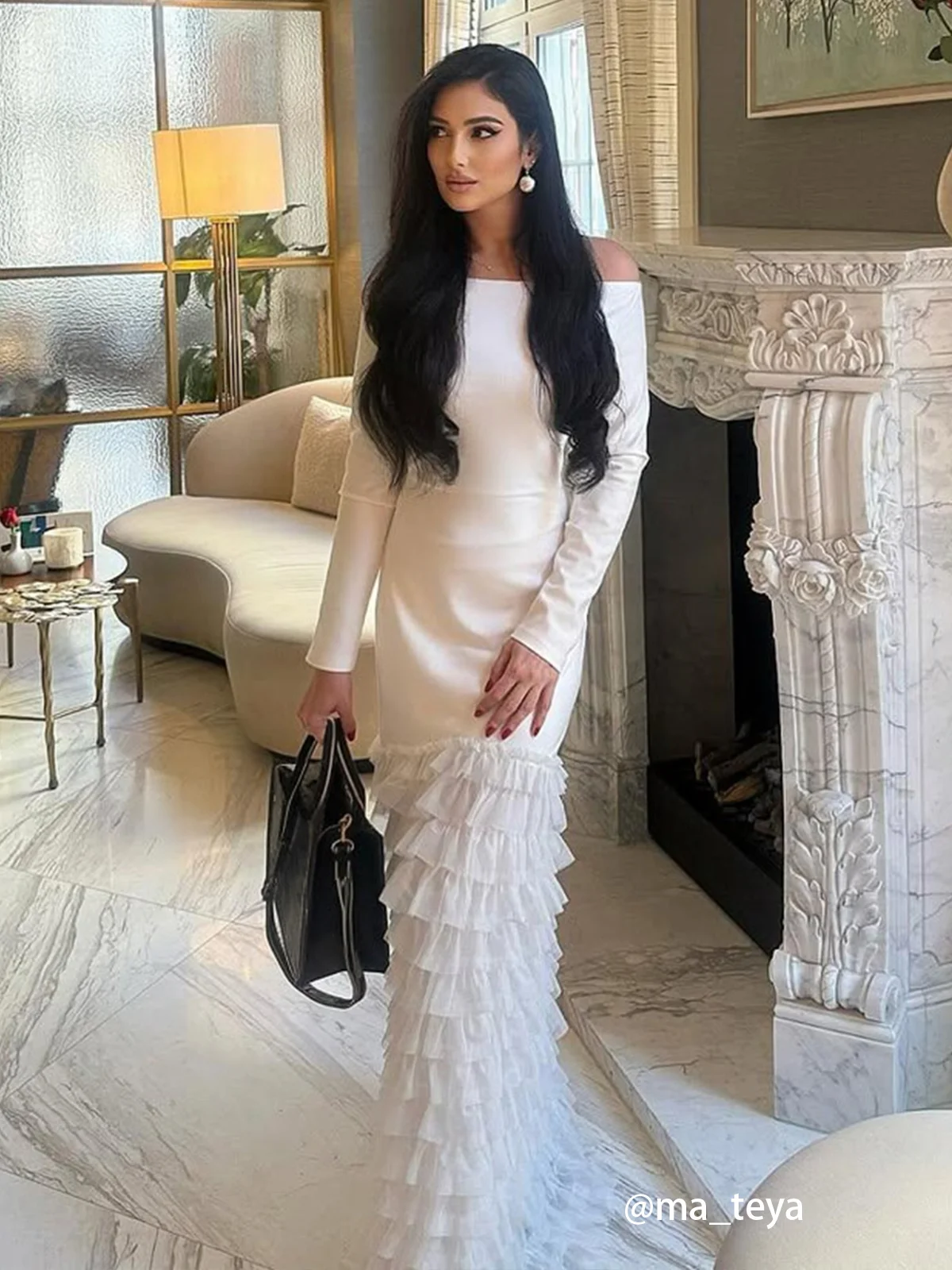 Off White Off The Shoulder Ruched  Mermaid Gown