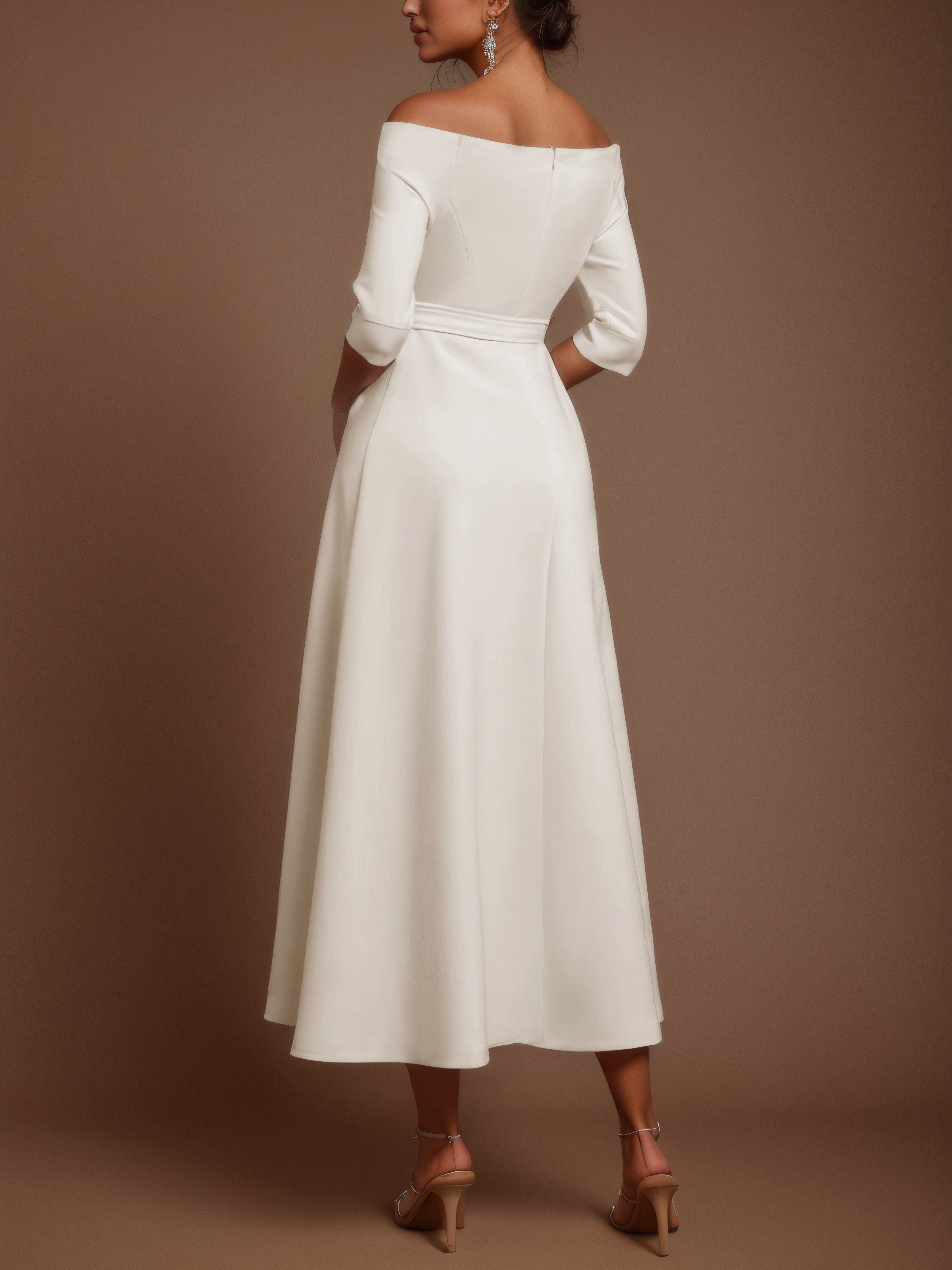 White Classic Off The Shoulder Half Sleeve A-Line Maxi Dress