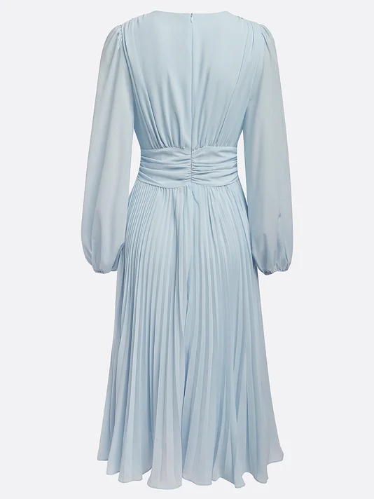 Light Blue Pleated Ruched Balloon Sleeve A-Line Midi Chiffon Dress