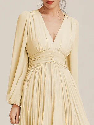 Light Blue Pleated Ruched Balloon Sleeve A-Line Midi Chiffon Dress