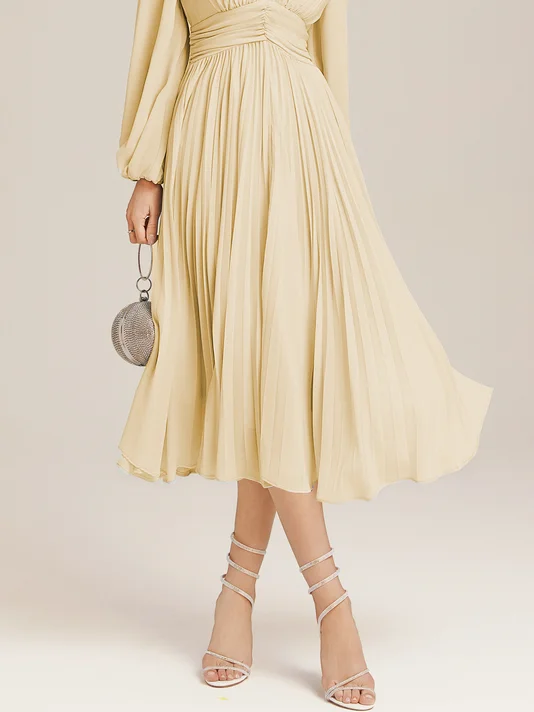 Light Blue Pleated Ruched Balloon Sleeve A-Line Midi Chiffon Dress