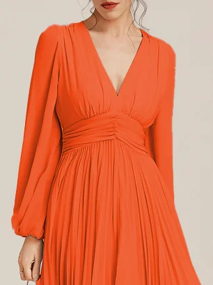 Light Blue Pleated Ruched Balloon Sleeve A-Line Midi Chiffon Dress
