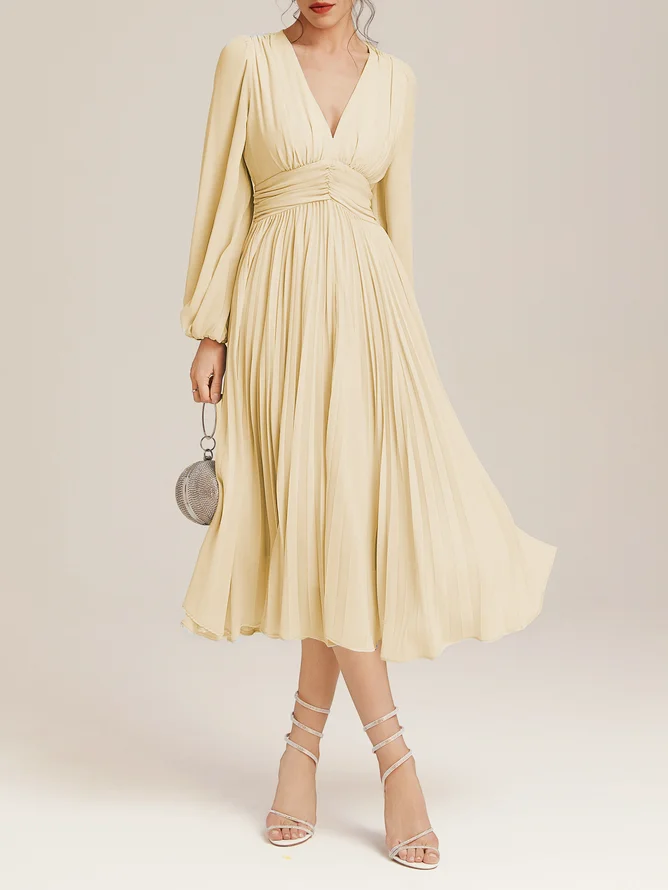 Light Blue Pleated Ruched Balloon Sleeve A-Line Midi Chiffon Dress