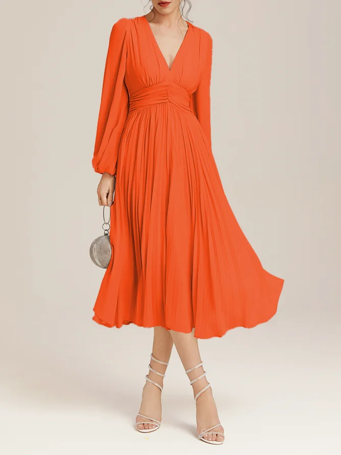 Light Blue Pleated Ruched Balloon Sleeve A-Line Midi Chiffon Dress