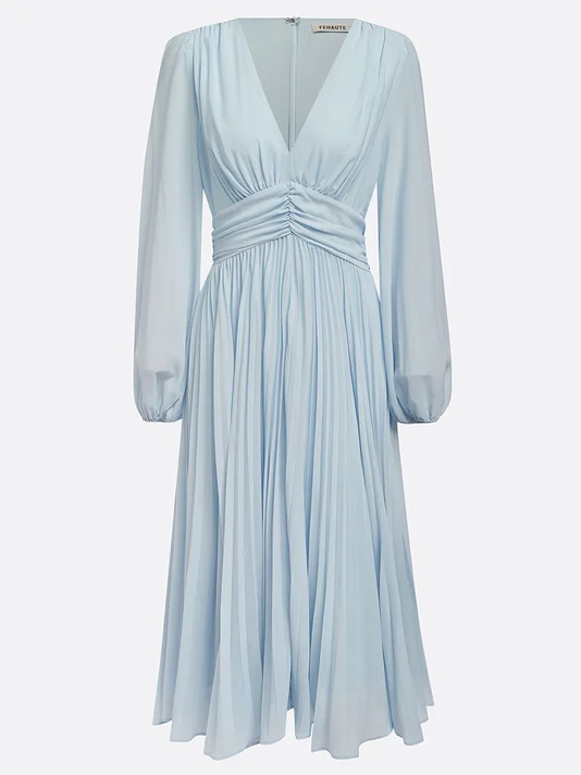 Light Blue Pleated Ruched Balloon Sleeve A-Line Midi Chiffon Dress