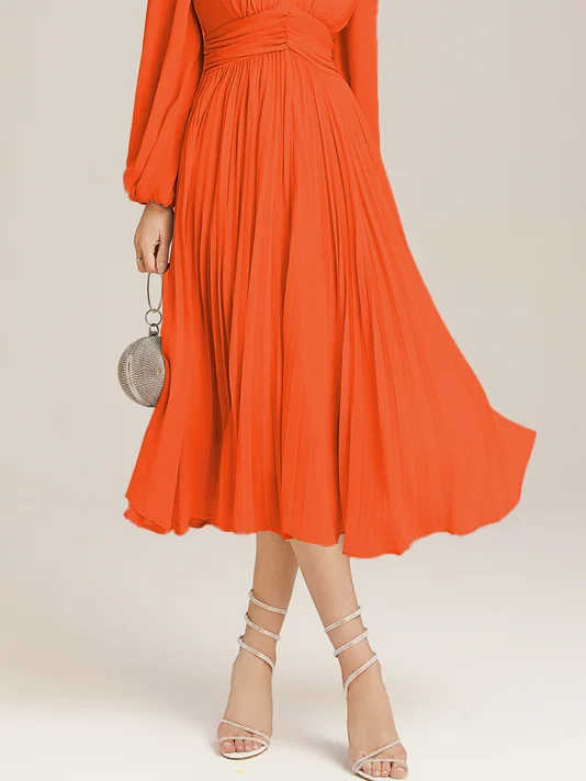Light Blue Pleated Ruched Balloon Sleeve A-Line Midi Chiffon Dress