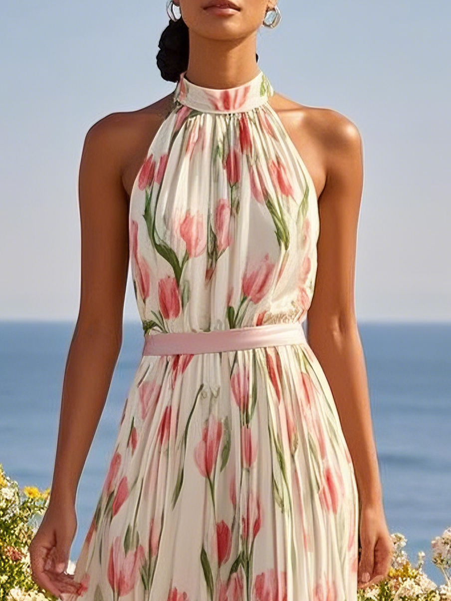 Pink Floral Crew Neck Sleeveless A-Line Maxi Chiffon Dress