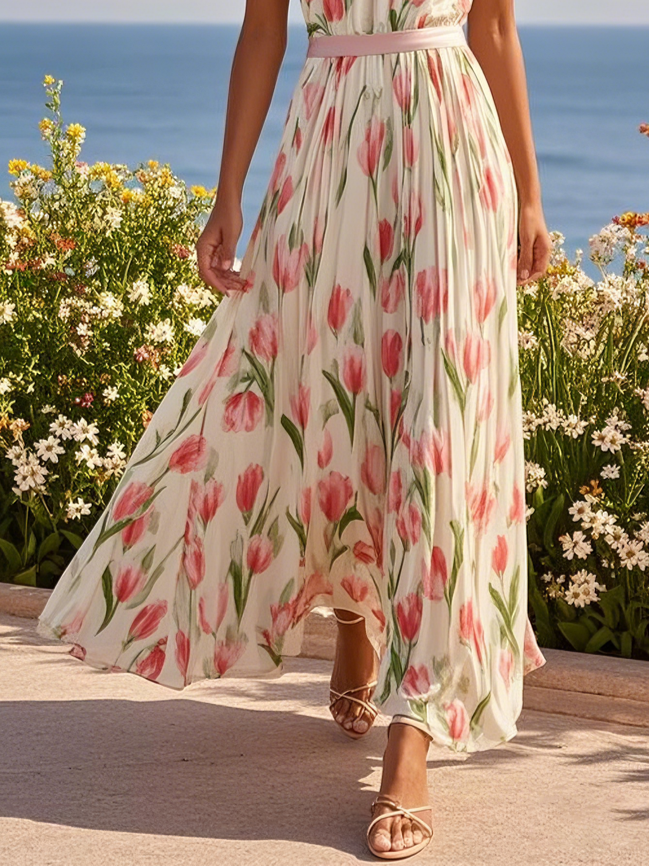 Pink Floral Crew Neck Sleeveless A-Line Maxi Chiffon Dress