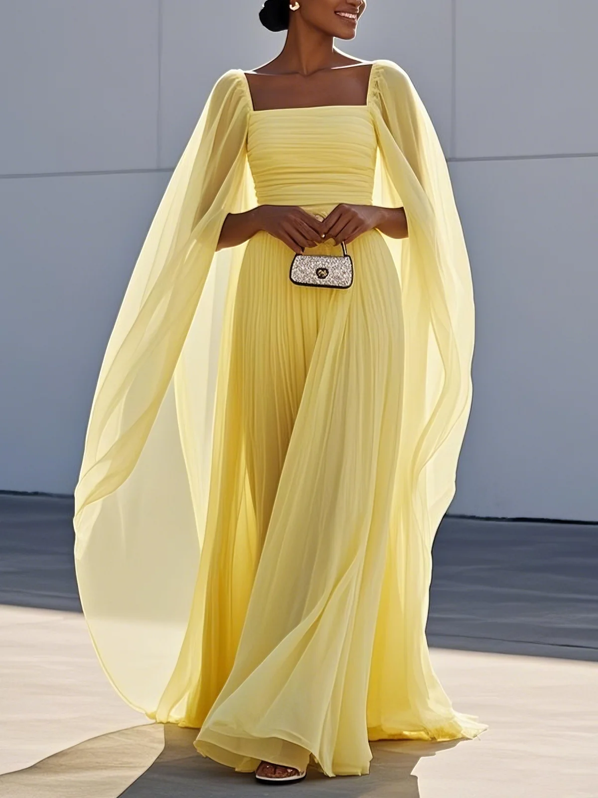 Yellow Pleated Chiffon Dress Square Neck Long Sleeve A-Line Gown