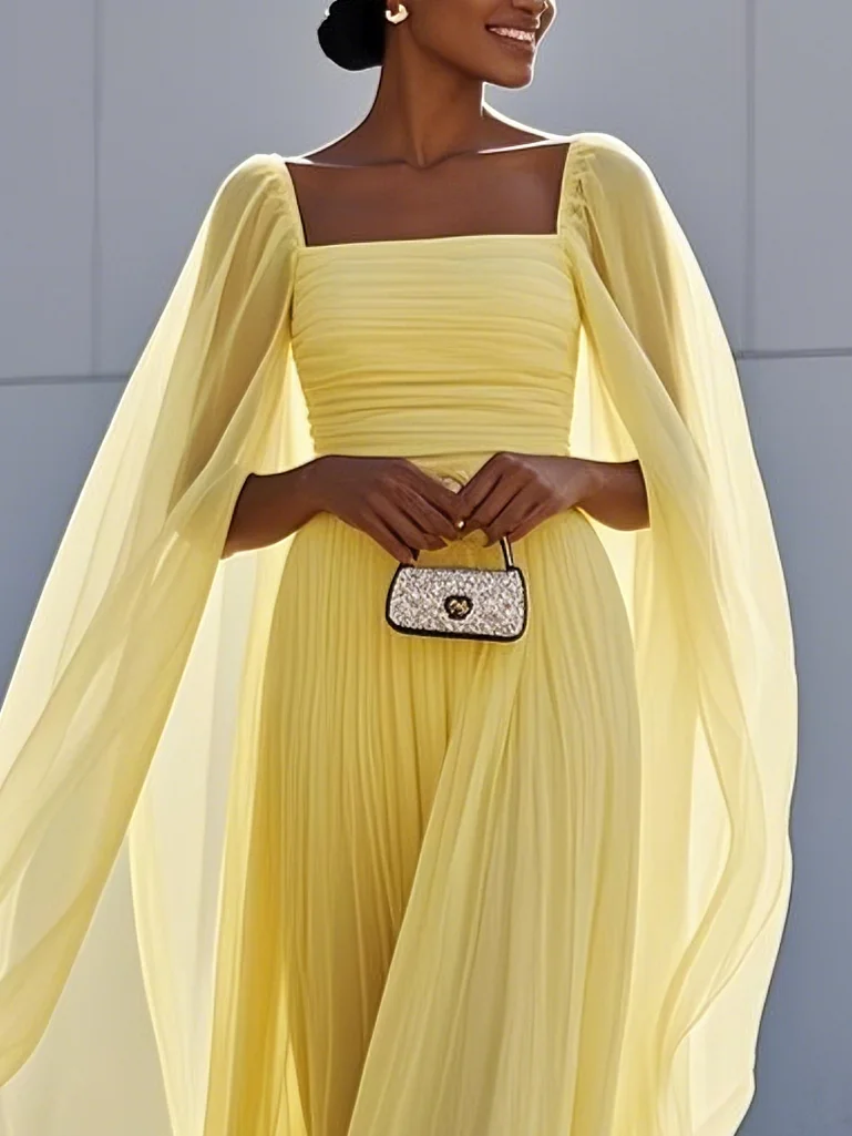 Yellow Pleated Chiffon Dress Square Neck Long Sleeve A-Line Gown