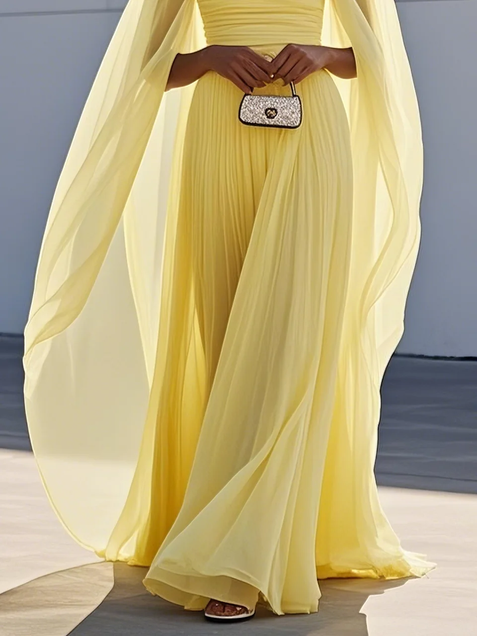 Yellow Pleated Chiffon Dress Square Neck Long Sleeve A-Line Gown