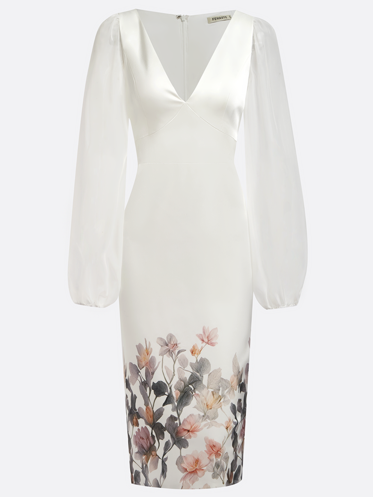 White Mesh Floral V Neck Balloon Sleeve Sheath Midi Satin Dress