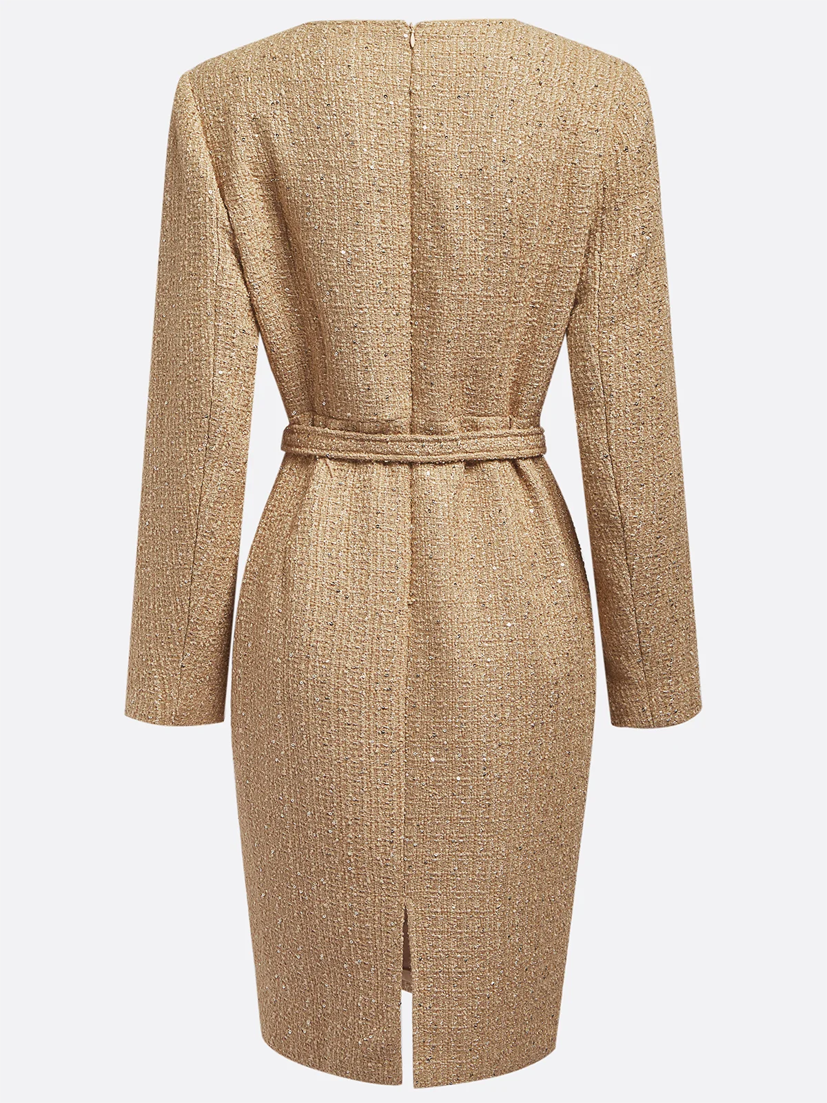 Khaki Buckle Crew Neck Long Sleeve Sheath Midi Tweed Blazer Dress