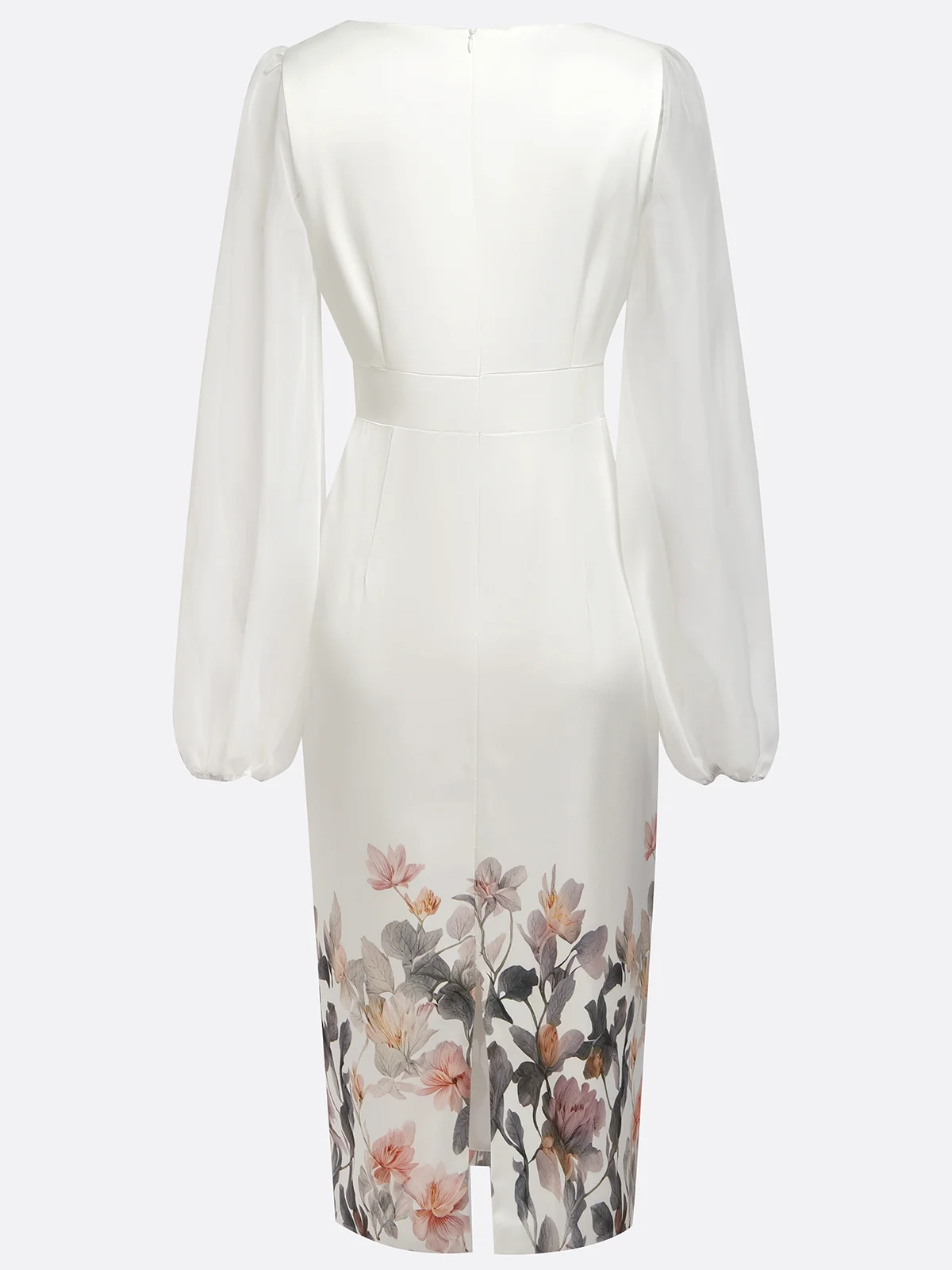 White Mesh Floral V Neck Balloon Sleeve Sheath Midi Satin Dress