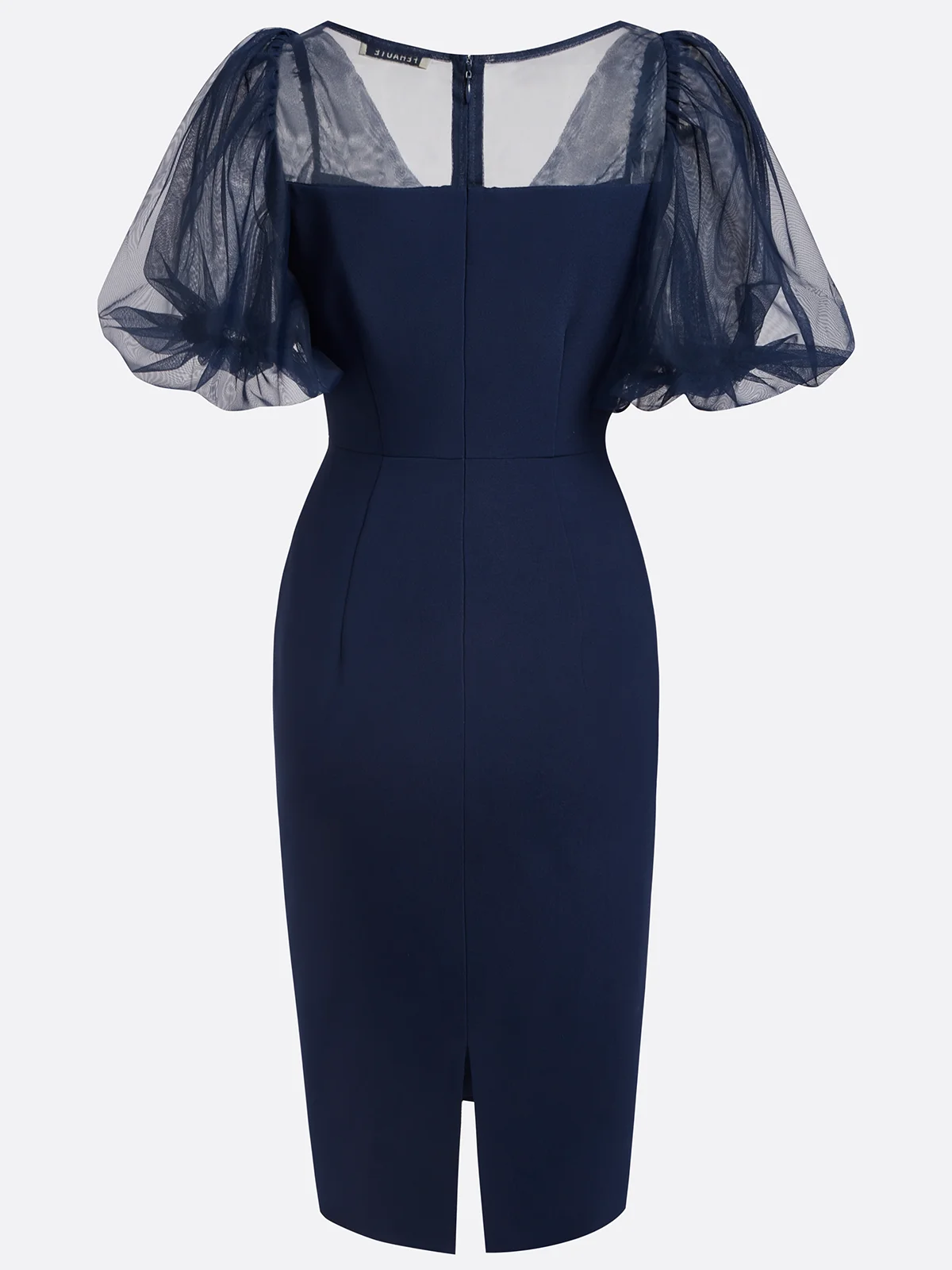 Purplish Blue V Neck Puff Sleeve Sheath Midi Dress