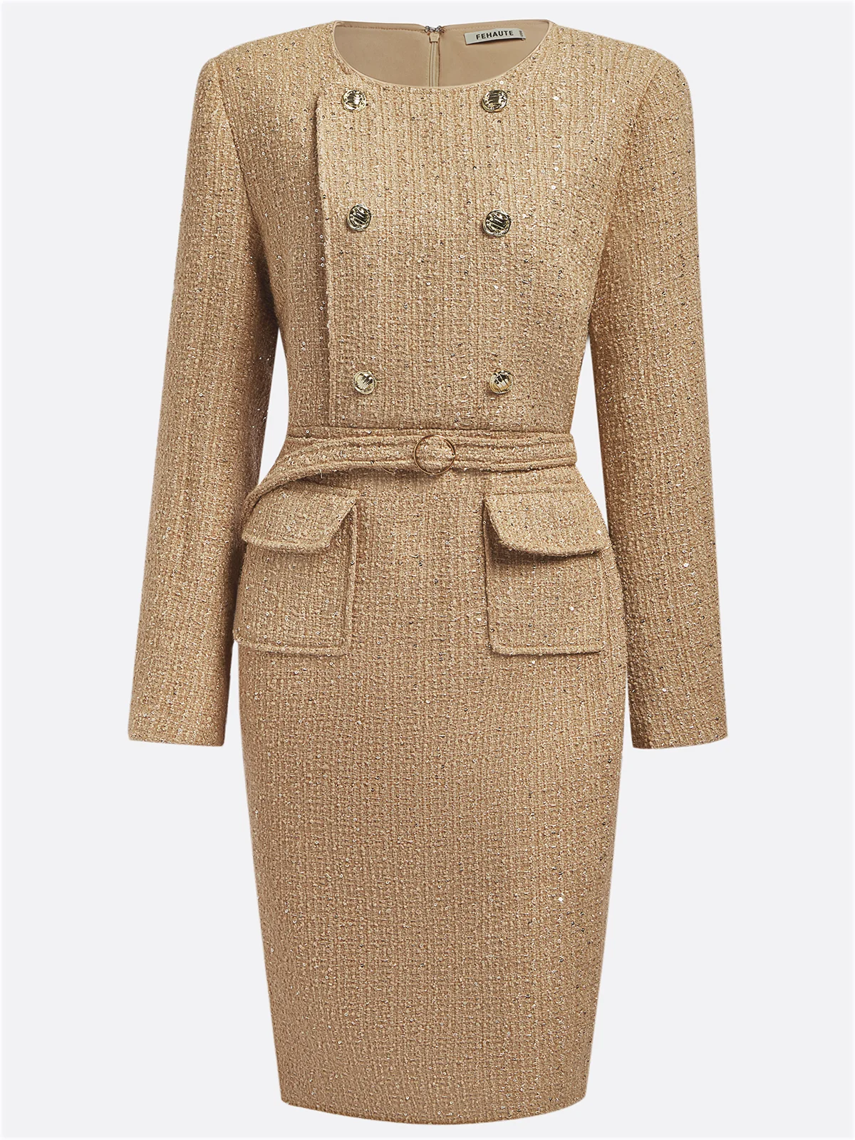 Khaki Buckle Crew Neck Long Sleeve Sheath Midi Tweed Blazer Dress