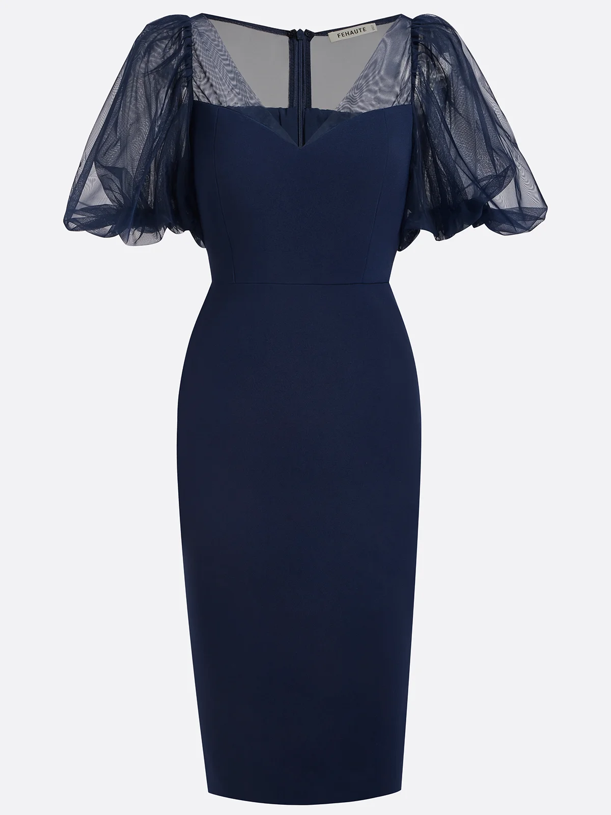 Purplish Blue V Neck Puff Sleeve Sheath Midi Dress