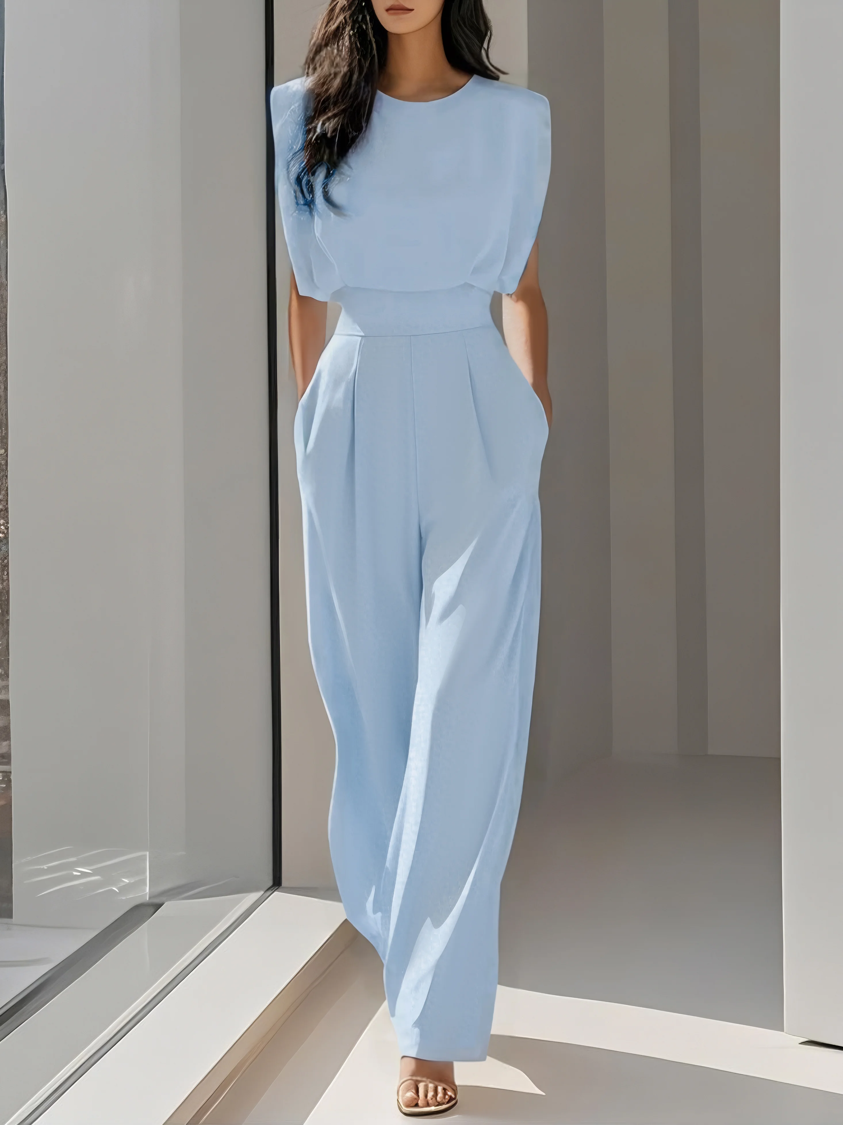 Off White Crew Neck Plain Ruched Urban Jumpsuit 