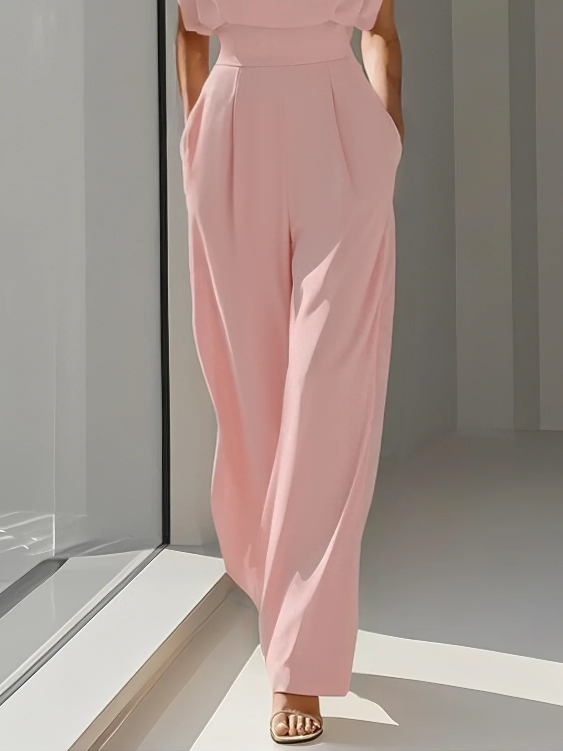 Off White Crew Neck Plain Ruched Urban Jumpsuit 