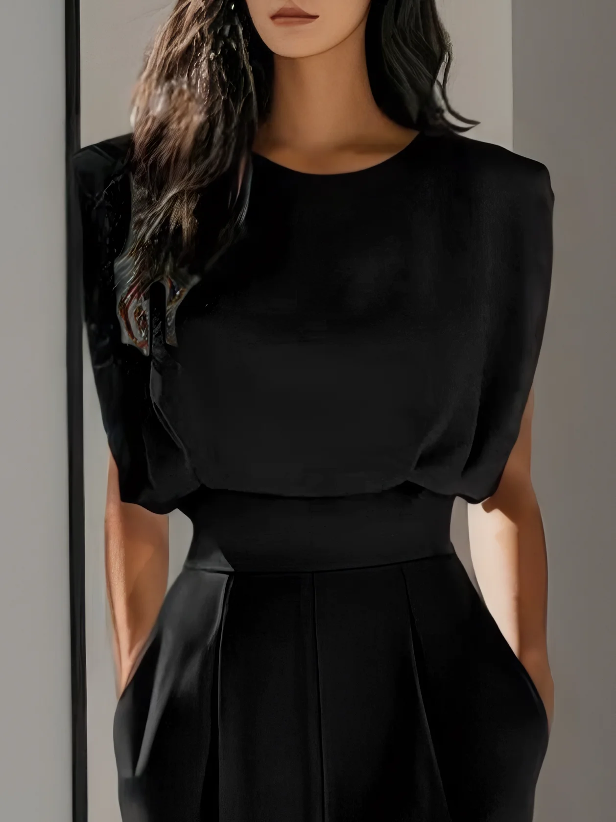 Off White Crew Neck Plain Ruched Urban Jumpsuit 