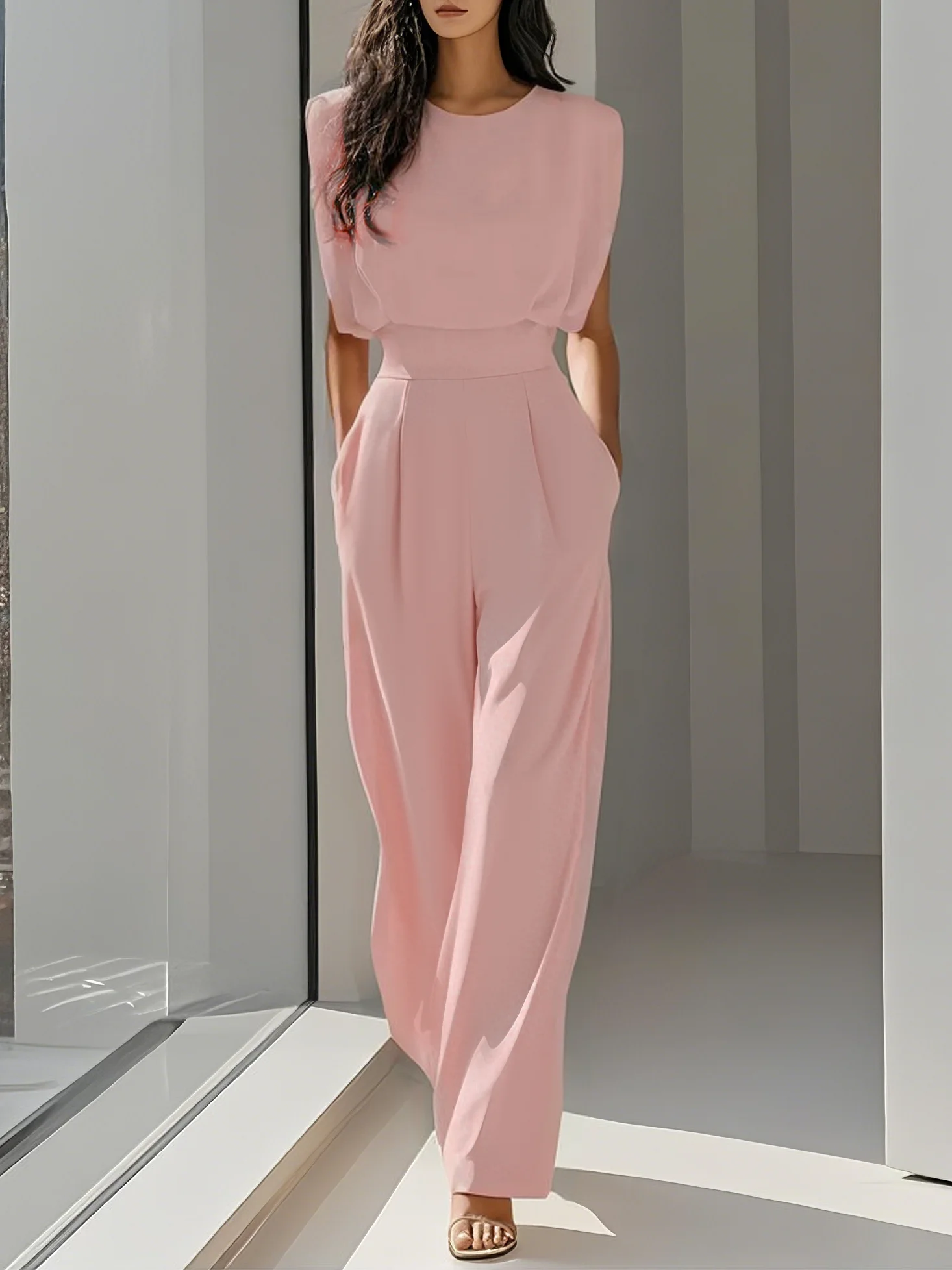 Off White Crew Neck Plain Ruched Urban Jumpsuit 