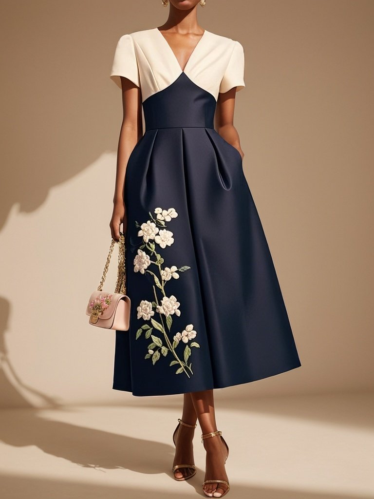 Navy Blue Embroidery Satin V Neck Short Sleeve A-Line Midi Dress