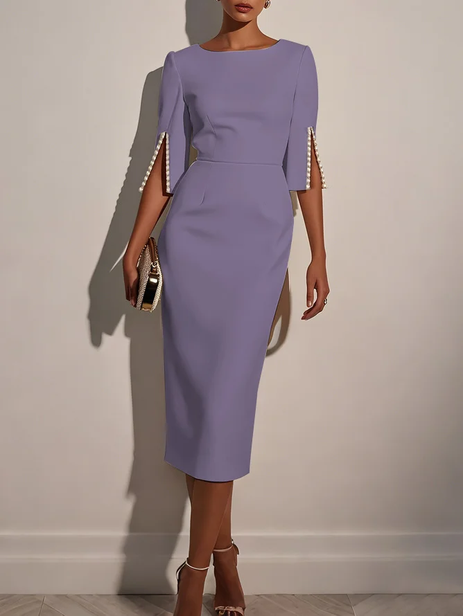 White Imitation Pearls Classic Crew Neck Half Sleeve Sheath Midi Dress