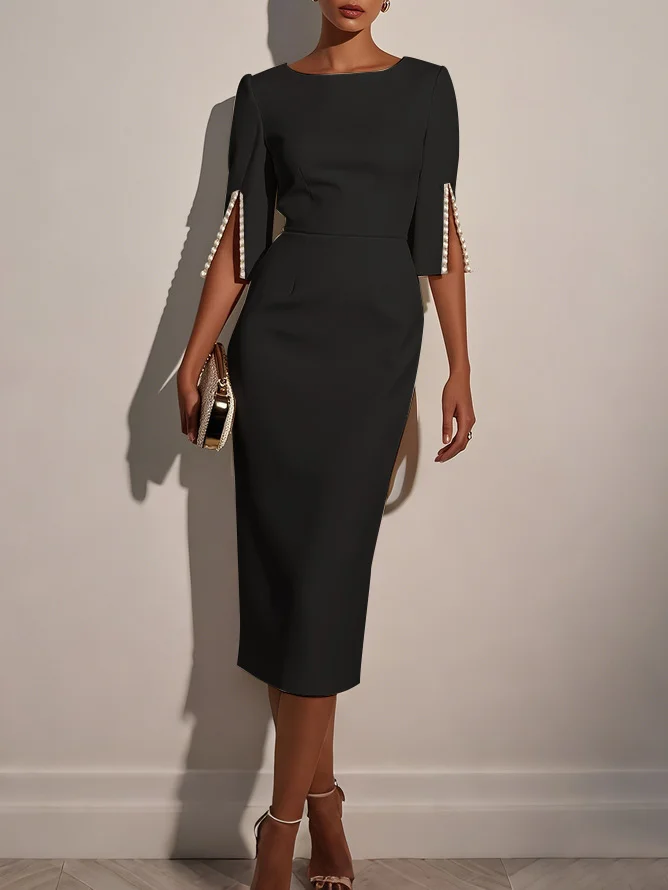 White Imitation Pearls Classic Crew Neck Half Sleeve Sheath Midi Dress