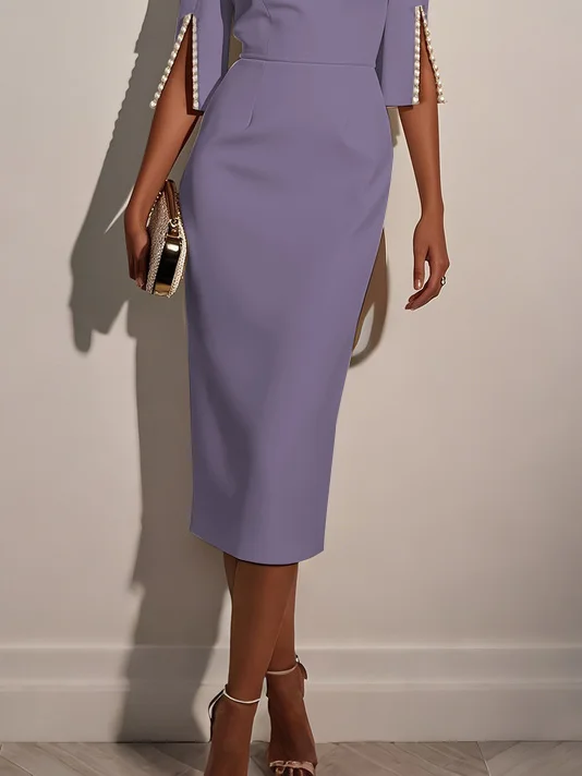 White Imitation Pearls Classic Crew Neck Half Sleeve Sheath Midi Dress
