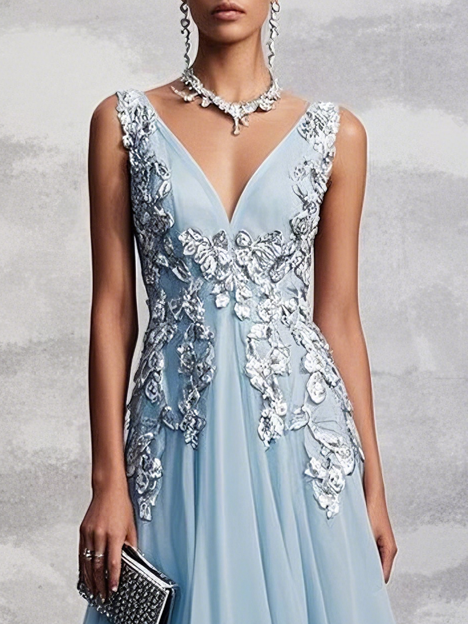 Light Blue Lace Asymmetric Chiffon V Neck Sleeveless A-Line Maxi Dress