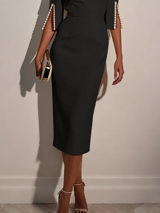 White Imitation Pearls Classic Crew Neck Half Sleeve Sheath Midi Dress