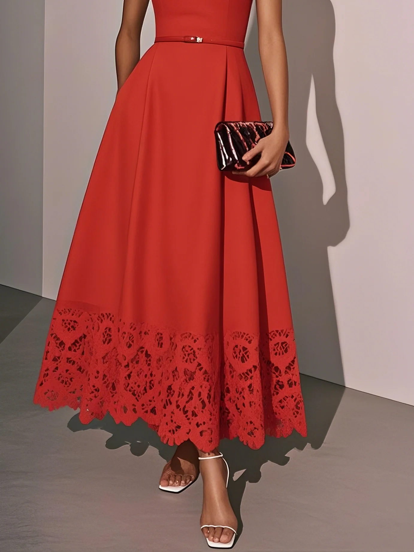 White Lace Classic Square Neck Sleeveless A-Line Maxi Dress