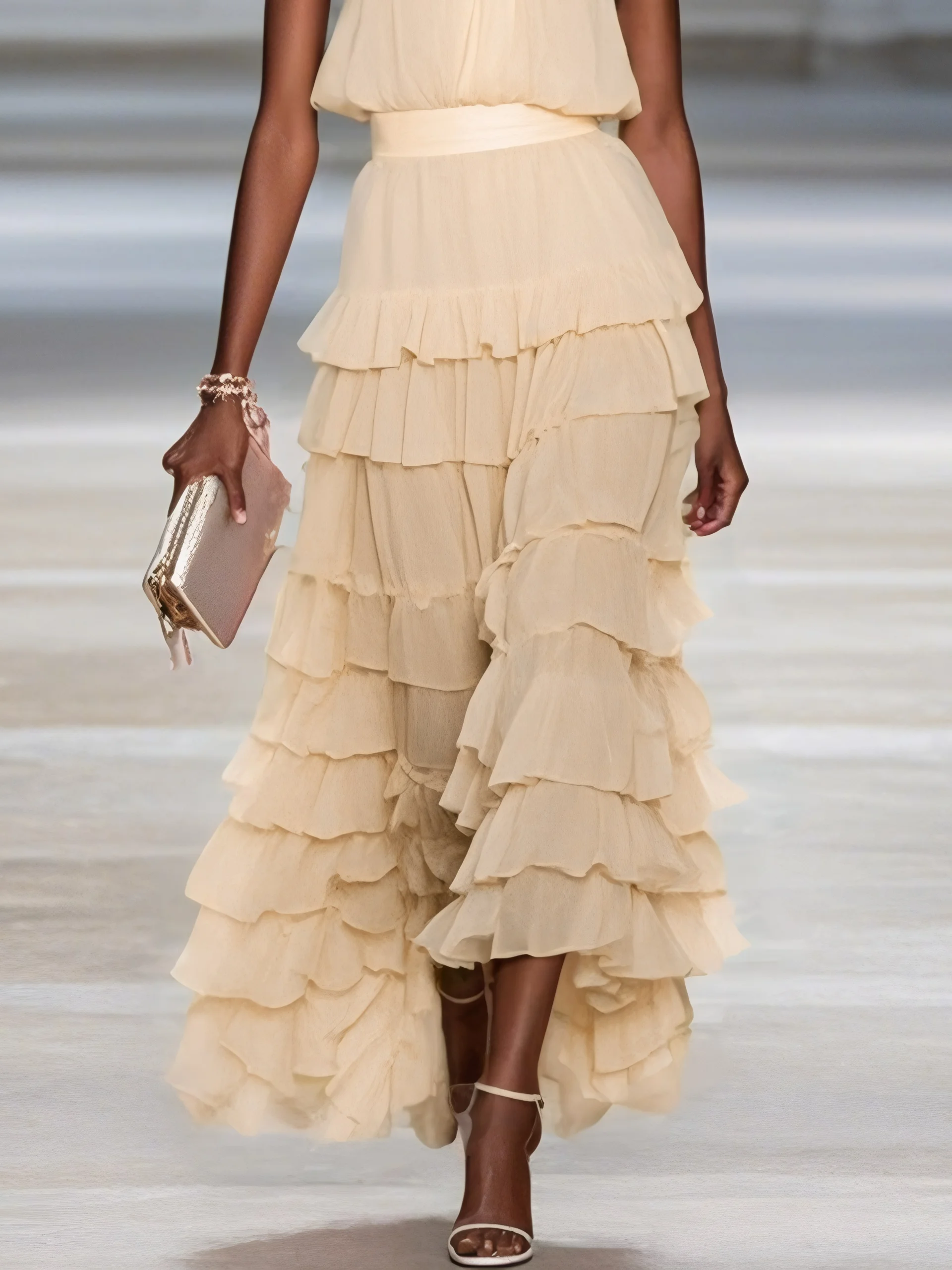 Pink Peplum Tiered Chiffon Halter Sleeveless A-Line Maxi Two-piece Dress