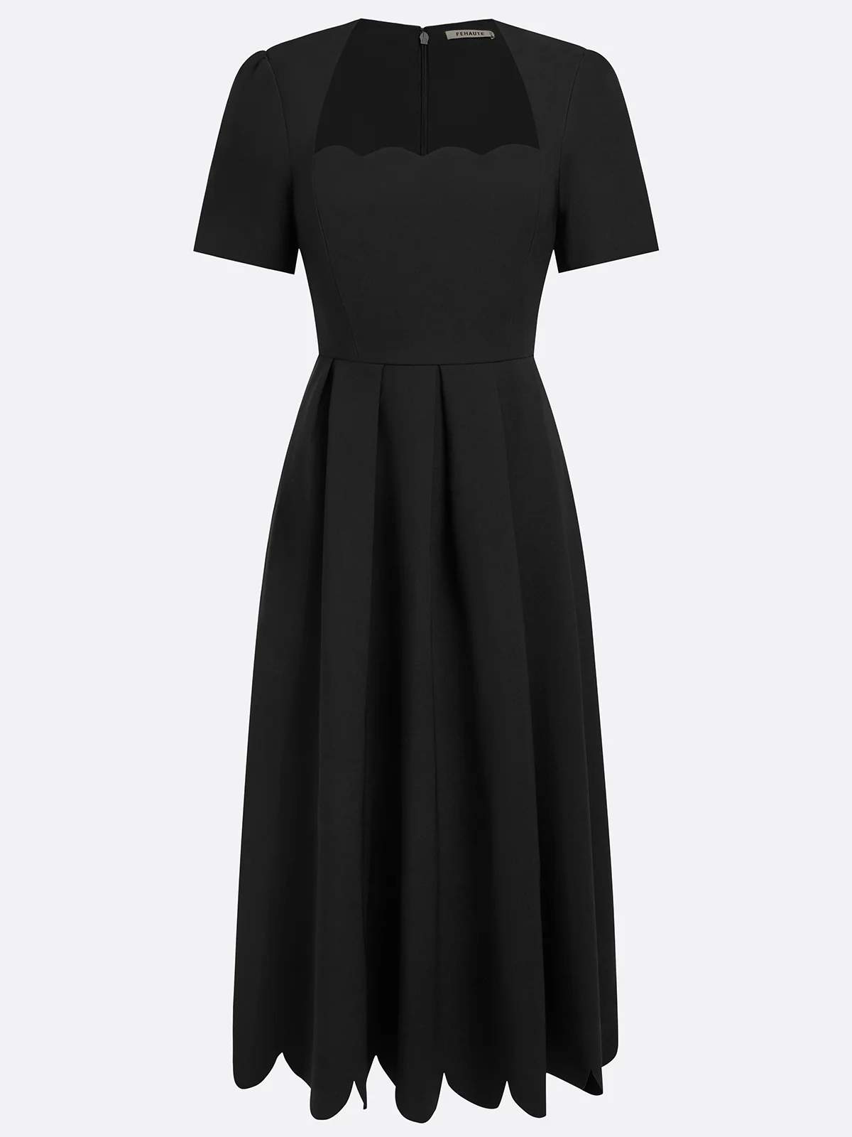 Black Irregular Craftsmanship Classic Square Neck Short Sleeve A-Line Midi Dress