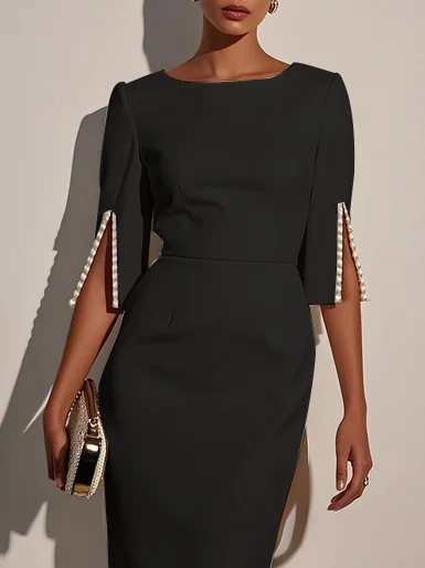 White Imitation Pearls Classic Crew Neck Half Sleeve Sheath Midi Dress